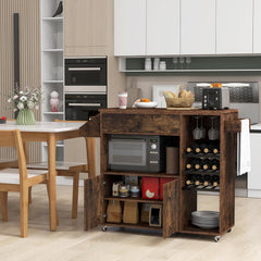 Kitchen Island with Drop-Leaf Countertop and Locking Casters, Rustic Brown Base