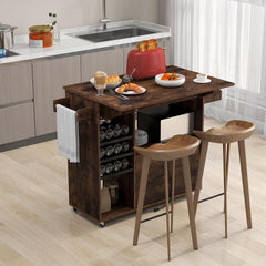 Kitchen Island with Drop-Leaf Countertop and Locking Casters, Rustic Brown Base
