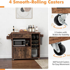 Kitchen Island with Drop-Leaf Countertop and Locking Casters, Rustic Brown Base