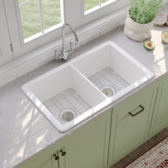 Kitchen Sink, Dual Mount, Double Bowl, Fireclay, 32 In. L, White