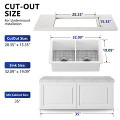 Kitchen Sink, Dual Mount, Double Bowl, Fireclay, 32 In. L, White