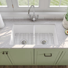 Kitchen Sink, Dual Mount, Double Bowl, Fireclay, 32 In. L, White