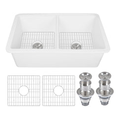 Kitchen Sink, Dual Mount, Double Bowl, Fireclay, 32 In. L, White
