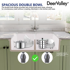 Kitchen Sink, Dual Mount, Double Bowl, Fireclay, 32 In. L, White