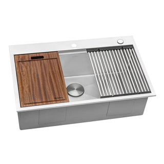 Kitchen Sink Workstation, Drop-In, Single Bowl, 33 x 22 Inch, Brushed Stainless Steel