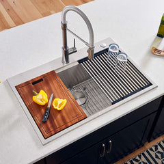 Kitchen Sink Workstation, Drop-In, Single Bowl, 33 x 22 Inch, Brushed Stainless Steel