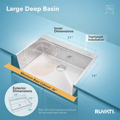 Kitchen Sink Workstation, Drop-In, Single Bowl, 33 x 22 Inch, Brushed Stainless Steel