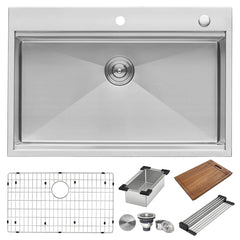 Kitchen Sink Workstation, Drop-In, Single Bowl, 33 x 22 Inch, Brushed Stainless Steel
