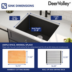 Kitchen Sink Workstation, Single Bowl, Quartz Composite, 25 x 19 In, Matte Black