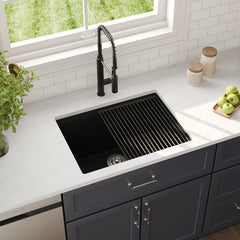 Kitchen Sink Workstation, Single Bowl, Quartz Composite, 25 x 19 In, Matte Black
