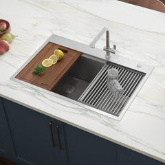 Kitchen Sink Workstation, Topmount, 60/40 Double Bowl, Brushed Stainless Steel