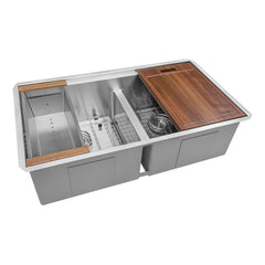 Kitchen Sink Workstation, Undermount, 50/50 Double Bowl, 33 Inch, Brushed Stainless