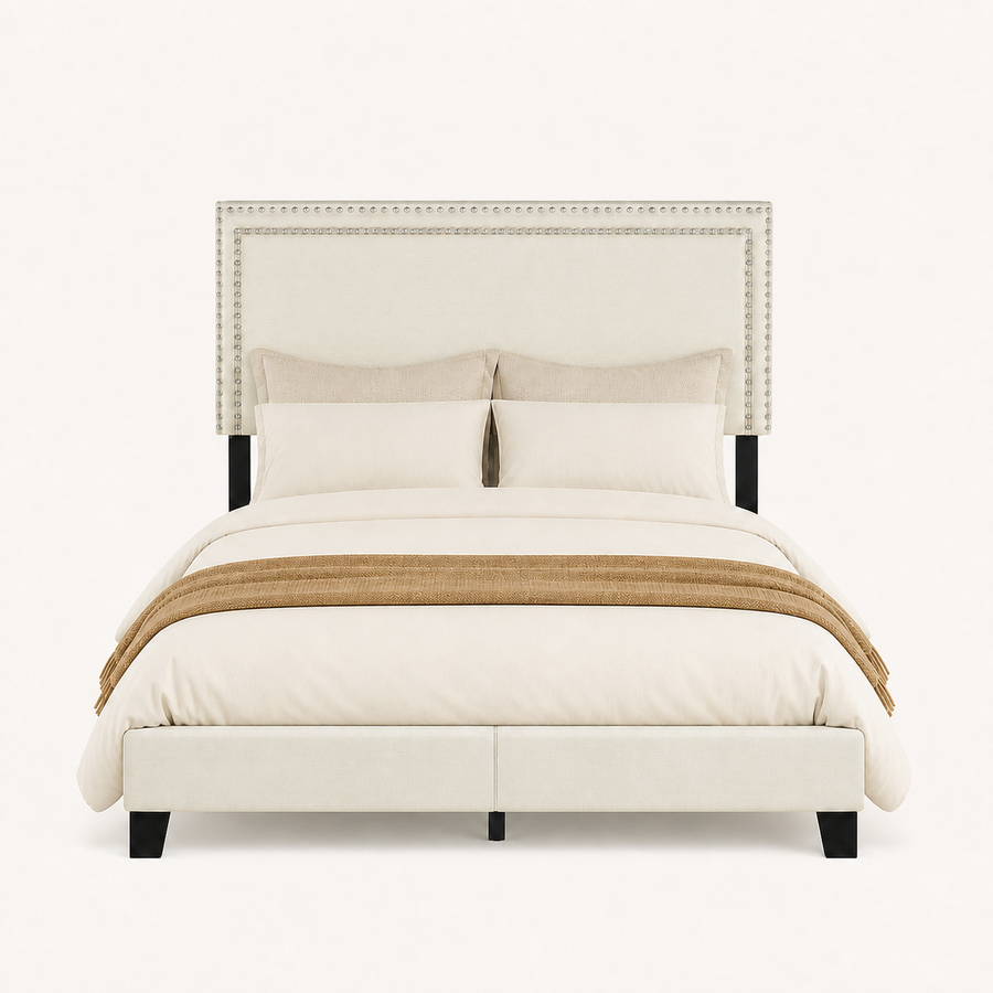 Front | Straight-on studio view of the whole upholstered bed with double-row nailhead trim