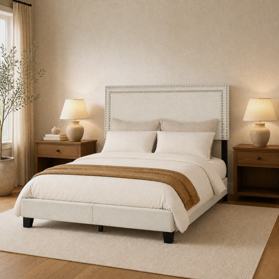 Angle | Three-quarter view of the cream upholstered bed with wood nightstands and window