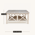 Dimensions | unfinished square coffee table measures 36 inches wide and deep by 18 inches high