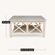 Dimensions | unfinished square coffee table measures 36 inches wide and deep by 18 inches high