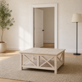 In scale | unfinished square rubberwood coffee table beside a full-height interior doorway