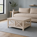 Angle | unfinished square rubberwood coffee table from the left in a pale blue living room