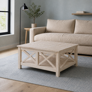 Angle | unfinished square rubberwood coffee table from the left in a pale blue living room