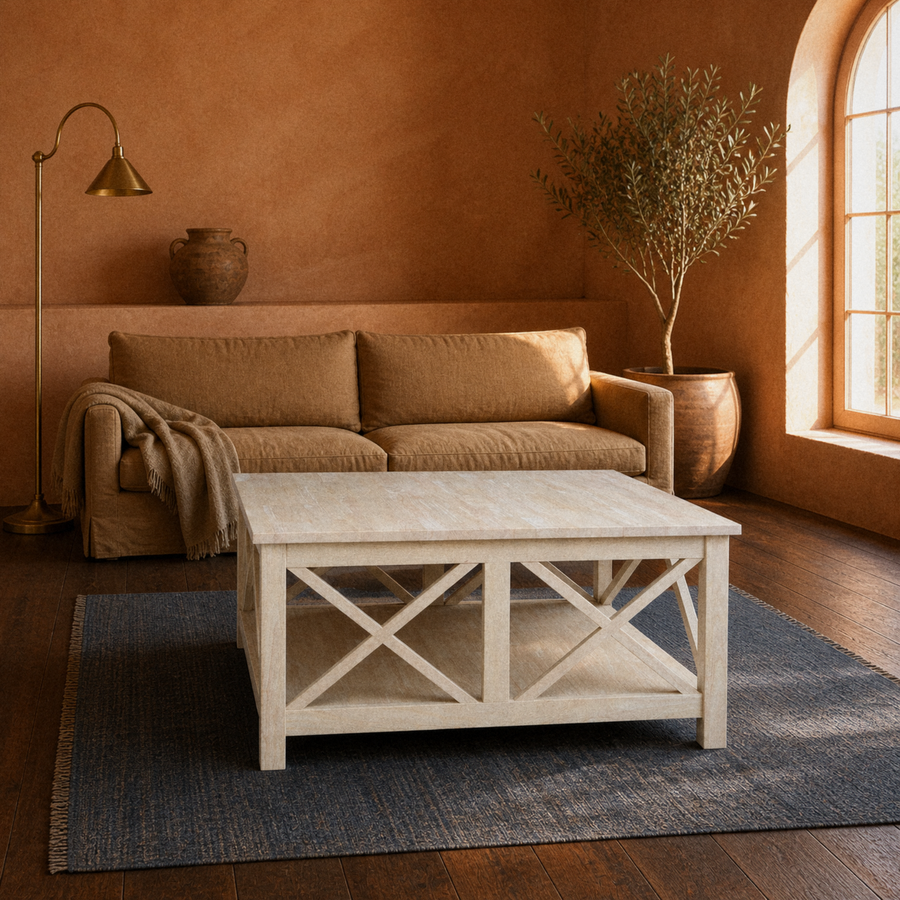 In a room | unfinished square rubberwood coffee table before a caramel sofa in a terracotta living room