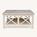 Front | unfinished square rubberwood coffee table with open shelf and crossed braces on a plain studio background
