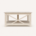 Side | unfinished square rubberwood coffee table in a true side studio view with crossed brace