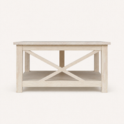Side | unfinished square rubberwood coffee table in a true side studio view with crossed brace