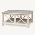 Angle | unfinished square rubberwood coffee table from a raised three-quarter studio view