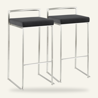 Bar Stools, Set of 2, Black Faux Leather, Stainless Steel Sled Legs