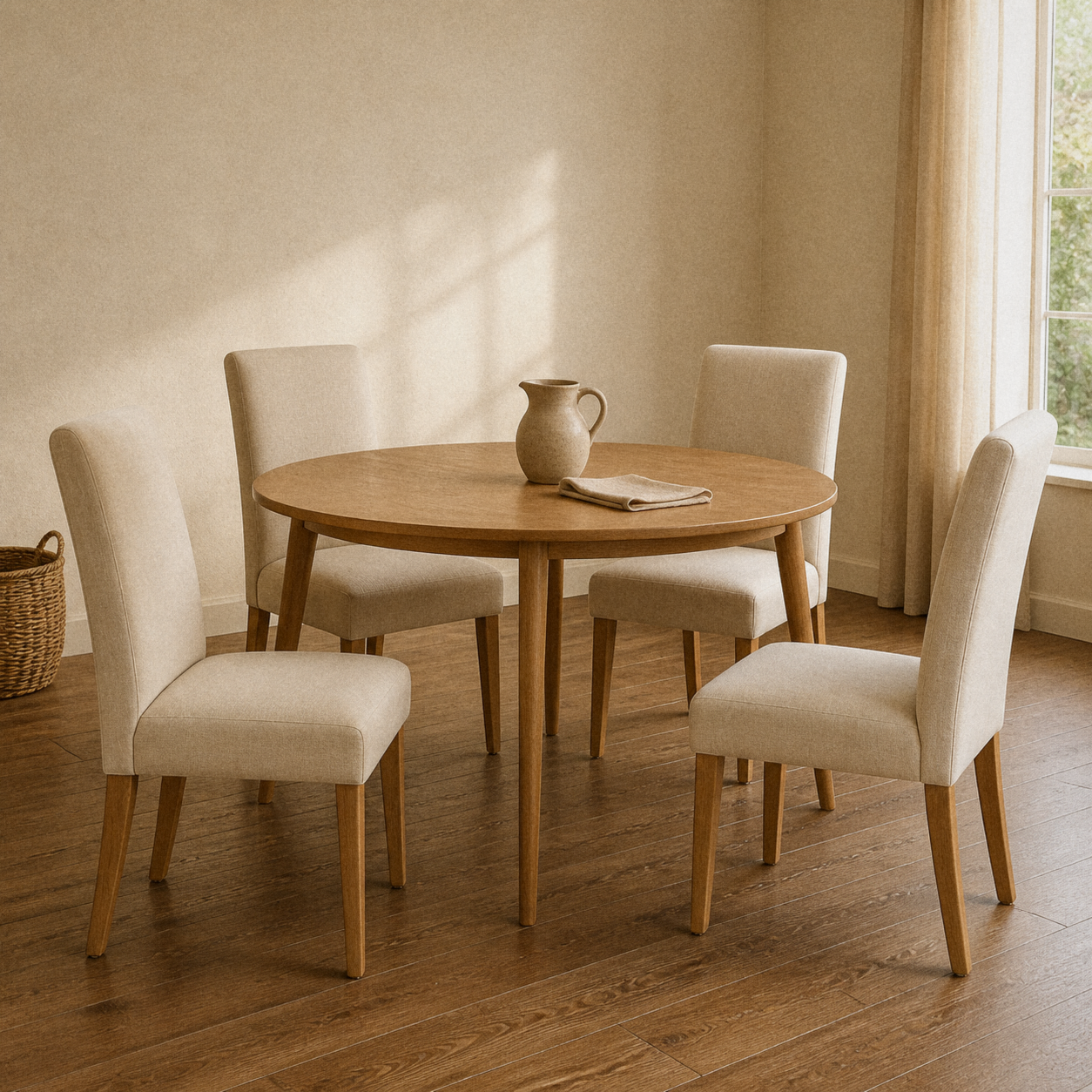 In a room | all four matching beige linen dining chairs at a plaster dining room's table, low golden afternoon light from the right