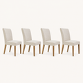 Studio | all four chairs at a true three-quarter studio angle, seat depth and tapered legs both reading