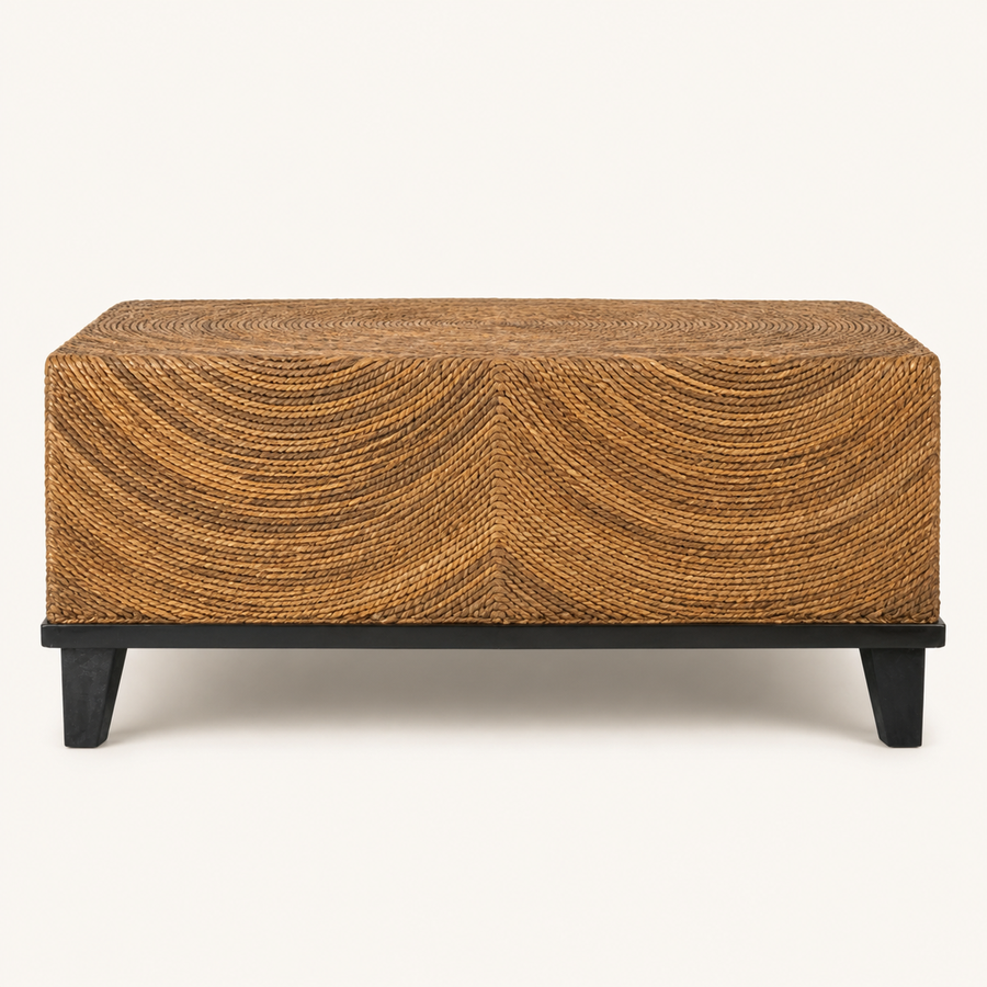 Studio | front view of the square wicker coffee table with black wood legs
