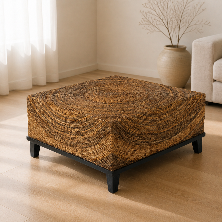 Angle | three-quarter view of the brown woven wicker coffee table in a living room