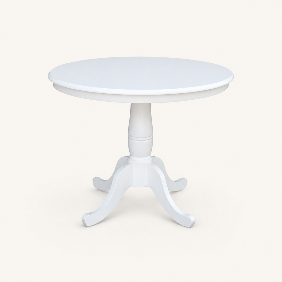 Front | white round table centered on paper, scalloped rim and four curved feet facing the camera