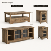 Known heights | coffee table 18 inches high; each end table 22.8 inches high