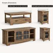 Known dimensions | coffee table 41.3 inches wide by 23.2 inches deep; each end table 13.8 inches wide by 23.6 inches deep