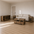 Scale view | four-piece brown table set beside a full-height interior doorway