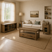 Warm living room | four-piece brown wood table set with TV stand, coffee table, and two end tables on a plain woven rug
