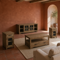 Terracotta living room | four-piece brown wood table set with TV stand, coffee table, and two end tables