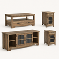 Complete set | TV stand, coffee table, and two end tables in matching brown wood grain with black pulls on a clean studio ground