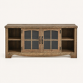 Studio front | brown wood-grain TV stand with arched glass doors, open side shelves, black iron pulls, and curved lower apron