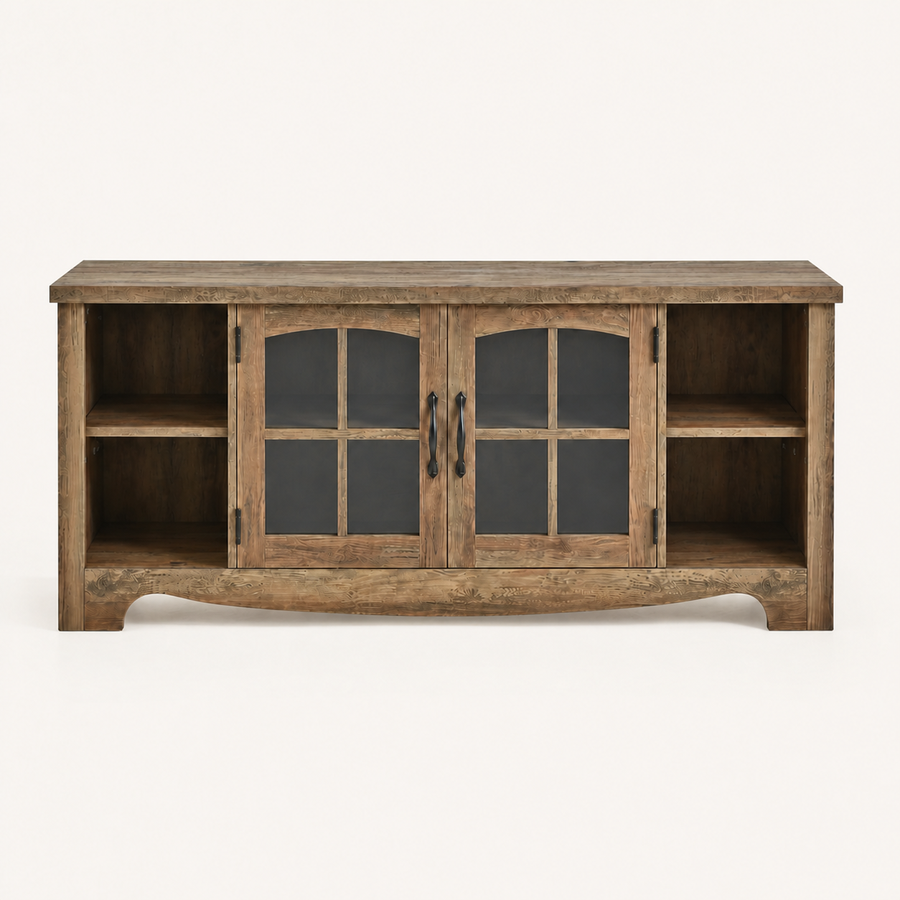 Studio front | brown wood-grain TV stand with arched glass doors, open side shelves, black iron pulls, and curved lower apron