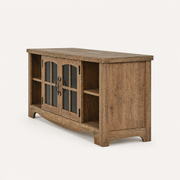 Studio side view | brown wood-grain TV stand showing its full side panel, open shelves, glass doors, and curved apron