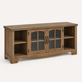 Studio three-quarter | brown wood-grain TV stand showing side depth, arched glass doors, open shelves, black iron pulls, and curved apron