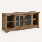 Studio three-quarter | brown wood-grain TV stand showing side depth, arched glass doors, open shelves, black iron pulls, and curved apron