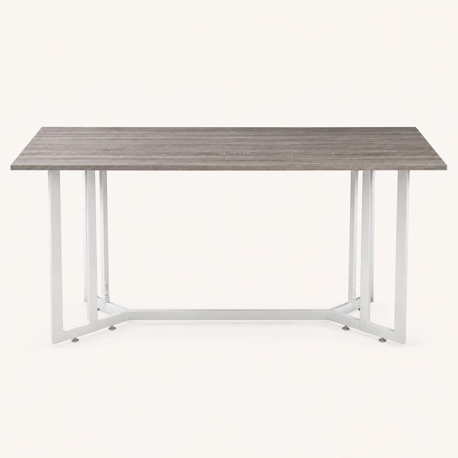 Front | gray-top drop-leaf table centered on paper, both leaves up, white iron trestle