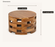 Dimensions | round wood coffee table with drawn 23.5 inch diameter and 15 inch overall height callouts
