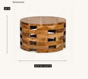 Dimensions | round wood coffee table with drawn 23.5 inch width, 23.5 inch depth, and 15 inch height callouts