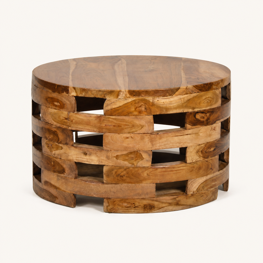 Front | round honey-brown wood coffee table with staggered open slat base on a clean studio background