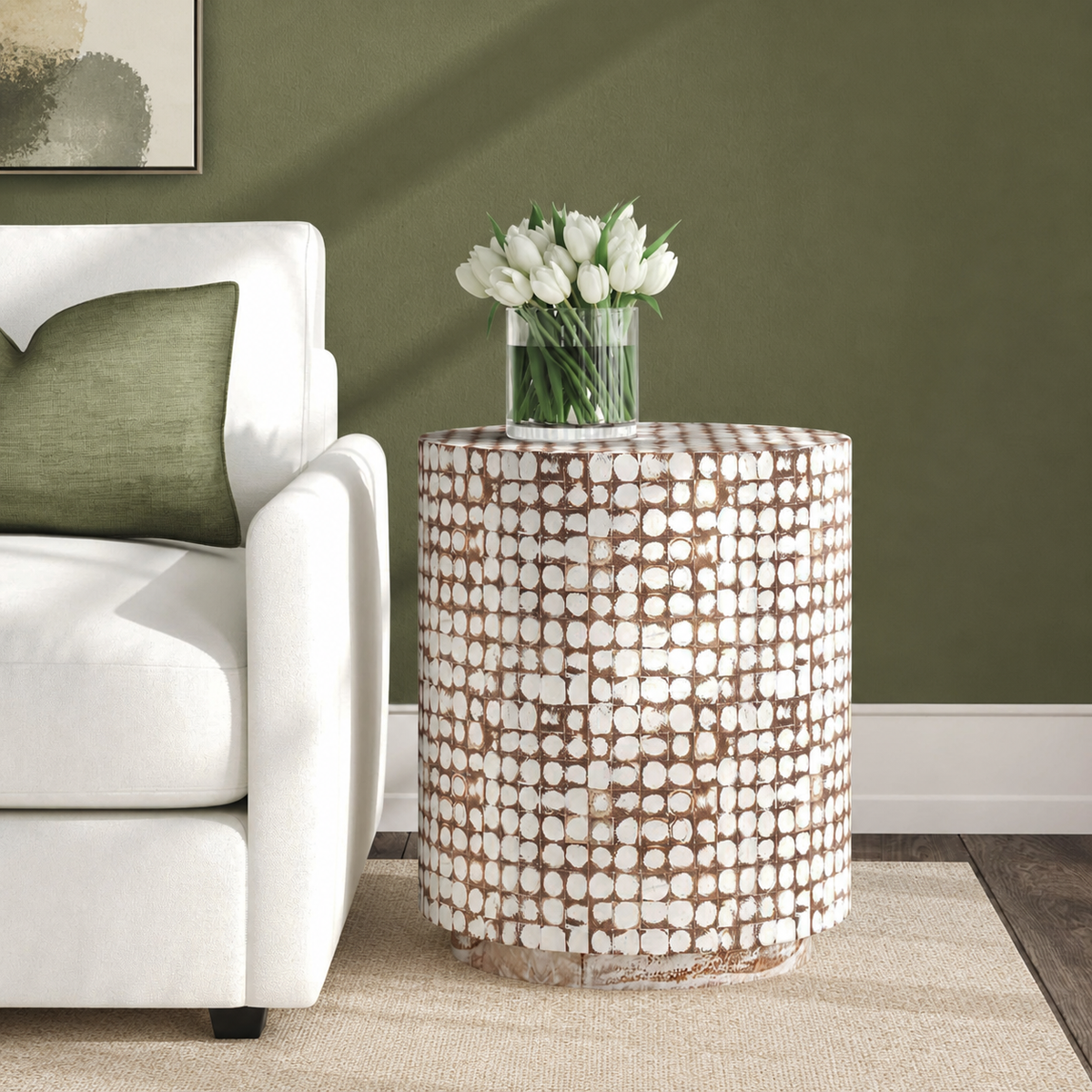 Kolvern Midvagur Coconut Drum Table in a restyled supplier room | Pipeline B room-shell edit 1